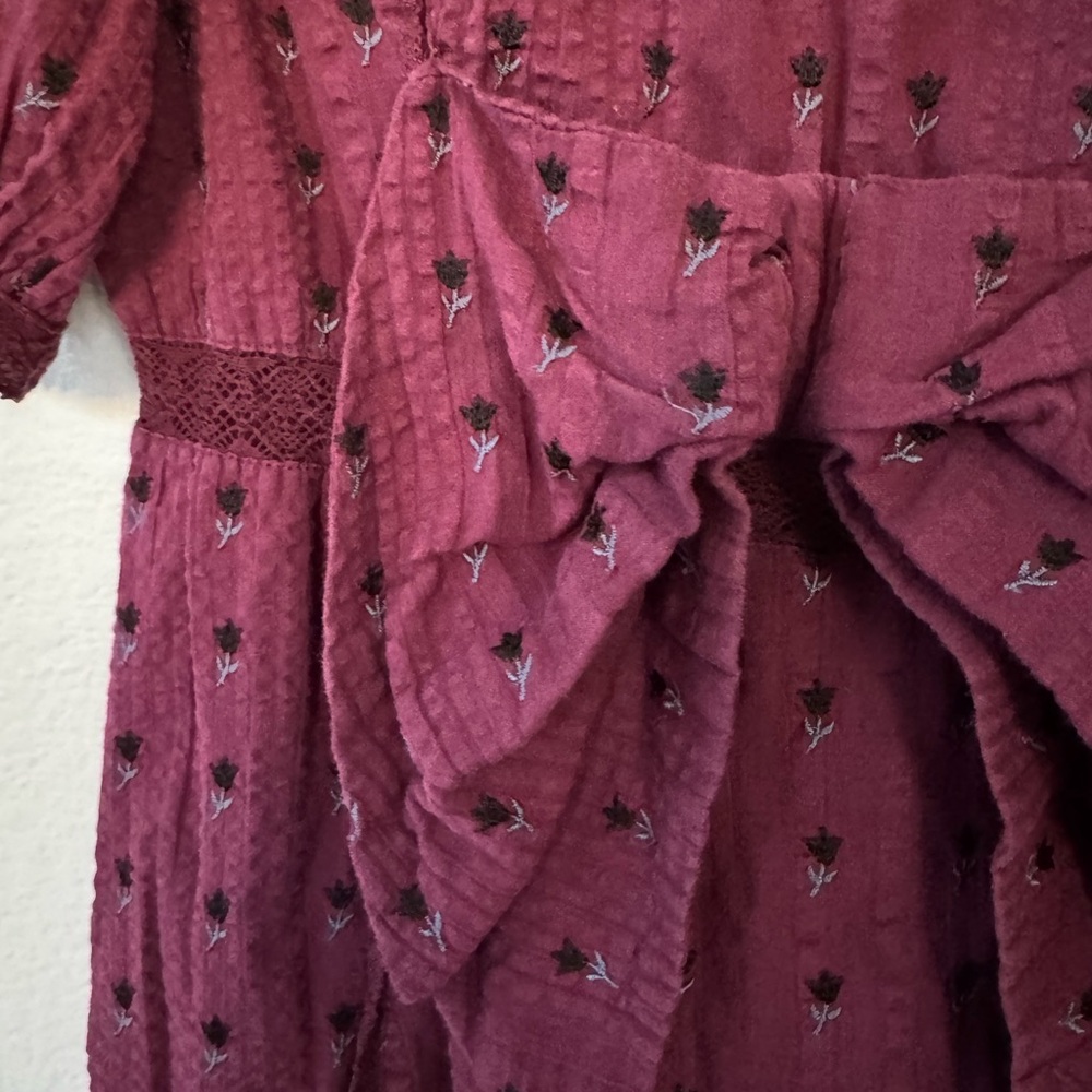 LOVESHACKFANCY Lena Burgundy Puff Sleeve Dress with Bow Detail Spice Small - Picture 2 of 10